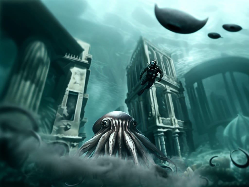 Octopus diver in ruins: Octopus diver in ruins: "Sunken empires meet the deep. Surreal underwater fusion."
