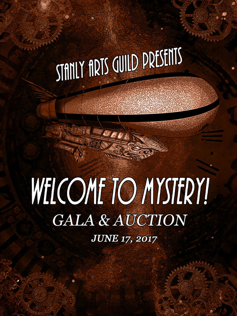 Mystery Gala: Steampunk Invitation Intricate steampunk illustration meets elegant event branding. Airship centerpiece, gear textures, and vintage tones create an immersive welcome to the Stanly Arts Guild's 2017 gala & auction.