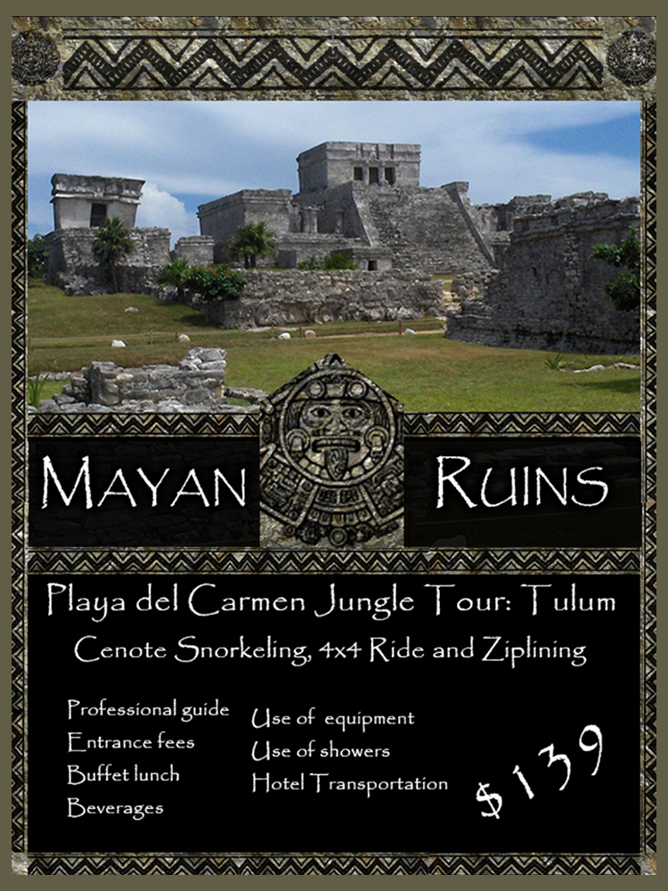 tshirtb Mayan Mysteries Await Rich thematic texture and balanced layout. Travel promo design that pulls viewers in and sells the adventure.